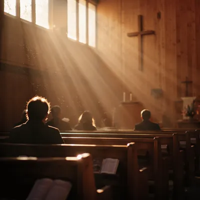 Golden Light Rays in Quiet Wooden Chapel
