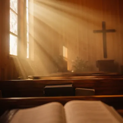 Golden Light Rays in Quiet Wooden Chapel