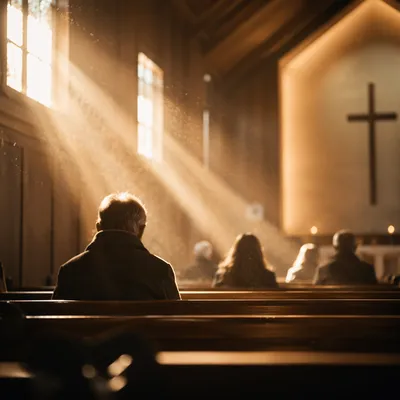 Golden Chapel Light Rays Through Wooden Pews