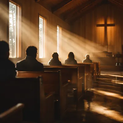 Golden Sunrise Rays in Wooden Chapel