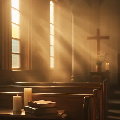Golden Light Rays in Quiet Wooden Chapel