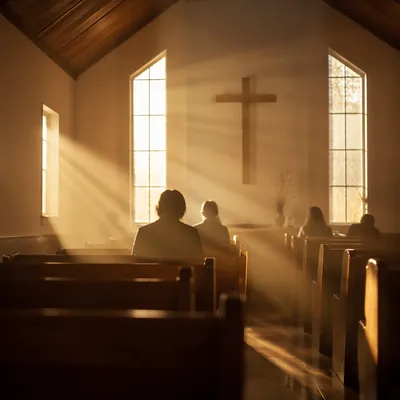 Golden Light Rays in Quiet Wooden Chapel