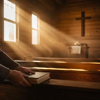 Golden Sunrise Rays in Wooden Chapel