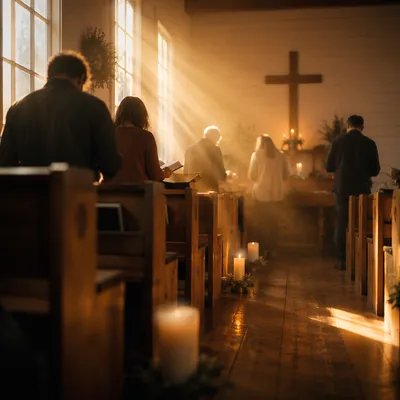Golden Light Rays in Quiet Wooden Chapel