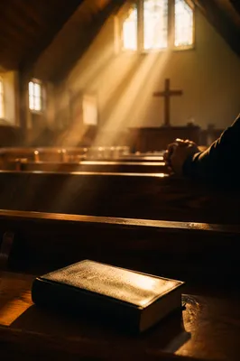 Golden Sunrise Rays in Quiet Wooden Chapel