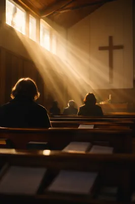 Golden Light Rays in Quiet Wooden Chapel
