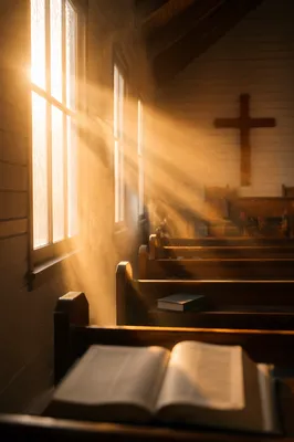 Golden Light Rays in Quiet Wooden Chapel
