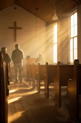 Golden Light Rays in Quiet Wooden Chapel