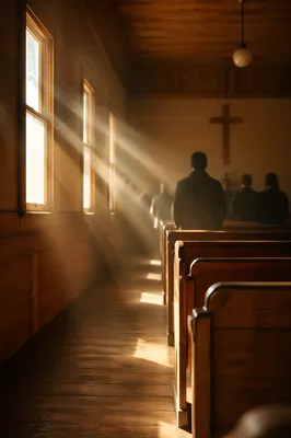 Golden Light Rays in Quiet Wooden Chapel