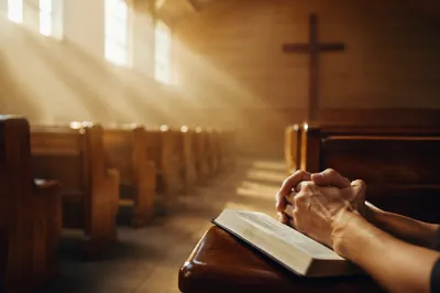 Golden Sunrise Rays in Quiet Wooden Chapel