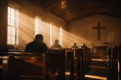 Golden Sunrise Rays in Wooden Chapel