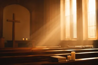 Golden Light Rays in Quiet Wooden Chapel