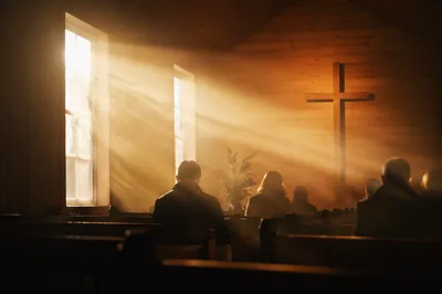 Golden Light Rays in Quiet Chapel