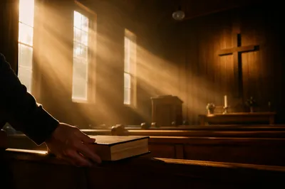 Golden Sunrise Rays in Wooden Chapel
