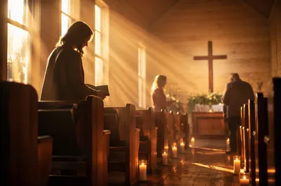 Golden Morning Light in Wooden Chapel