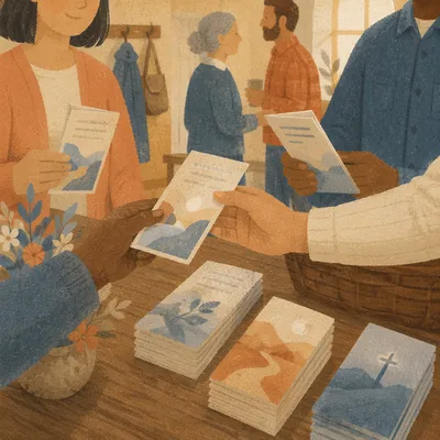 Hands Sharing Gospel Tracts in Church Foyer