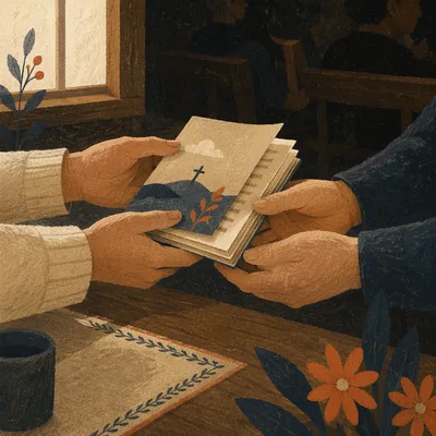Hands Exchanging Gospel Tracts in Church