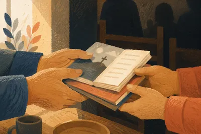 Hands Sharing Gospel Tracts in Church