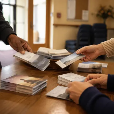 Hands Sharing Gospel Tracts in Church Foyer