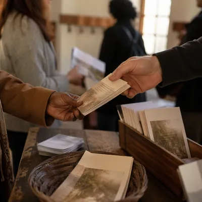 Hands Sharing Gospel Tracts in Church Foyer