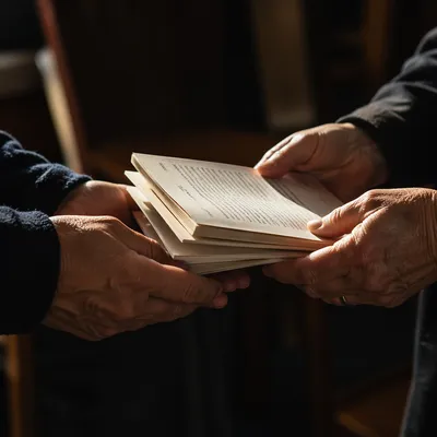 Hands Exchanging Gospel Tracts in Church