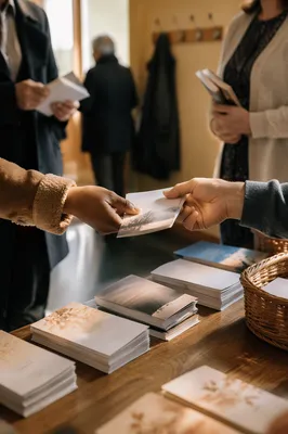 Hands Sharing Gospel Tracts in Church Foyer