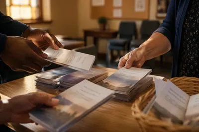 Hands Sharing Gospel Tracts in Church Foyer