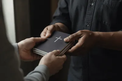 Hands Sharing Gospel Tracts in Church