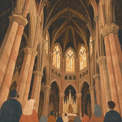 Gothic Church Nave With Golden Vaulted Light