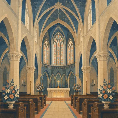 Gothic Church Nave with Glowing Altar