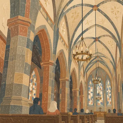 Soaring Gothic Church Nave with Warm Chandeliers