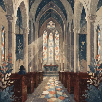 Reverent Gothic Church Interior at Dawn