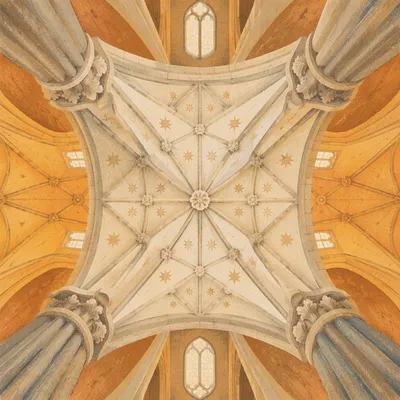 Gothic Church Vaulted Ceiling in Amber Light