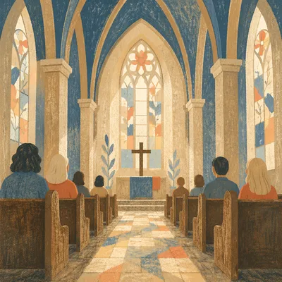 Gothic Church Interior with Morning Worshippers