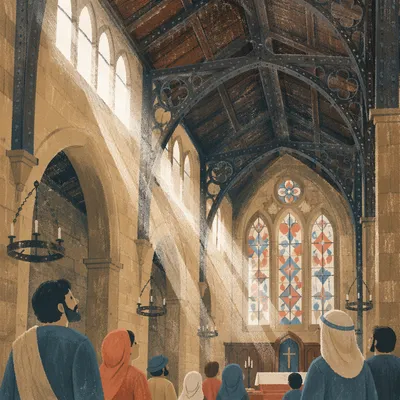 Gothic Church Ceiling with Sunlit Arches