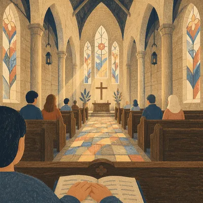 Reverent Gothic Church Interior with Vaulted Ceiling