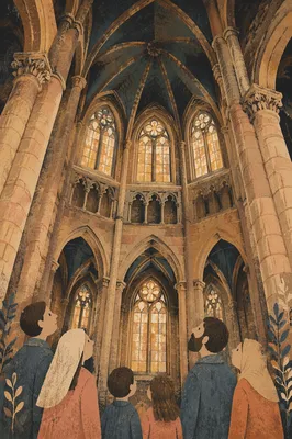 High Gothic Church Nave with Golden Windows