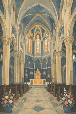 Gothic Church Nave With Illuminated Altar