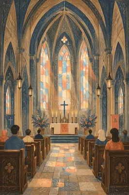 Gothic Church Interior with Soaring Ceilings