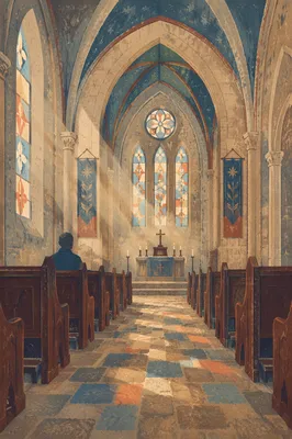 Reverent Gothic Church Interior at Dawn