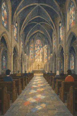 Peaceful Gothic Church Interior with High Ceiling