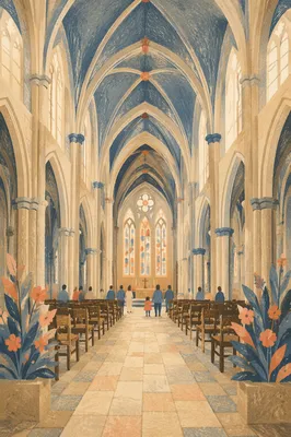 Gothic Church Nave with Soaring Vaulted Ceiling