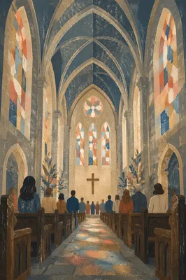 Gothic Church Nave with Morning Worshippers