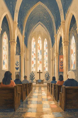 Gothic Church Interior with Morning Worshippers