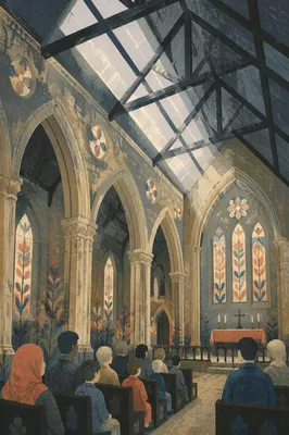 Gothic Church Nave with Soaring Iron Trusses