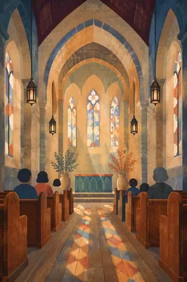 Gothic Church Interior with Vaulted Morning Light