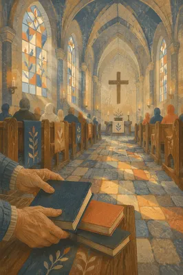 Gothic Church Nave with Morning Hymnals