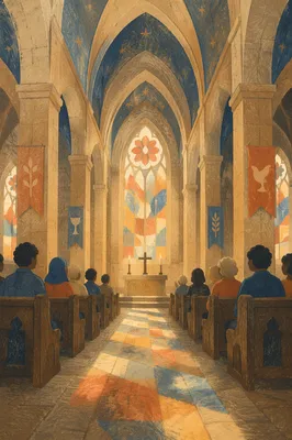 Soaring Gothic Church Interior with Stained Light