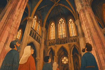 Gothic Church Nave with Golden Vaulted Light