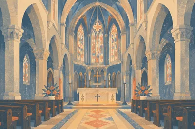 Gothic Church Nave with Illuminated Altar